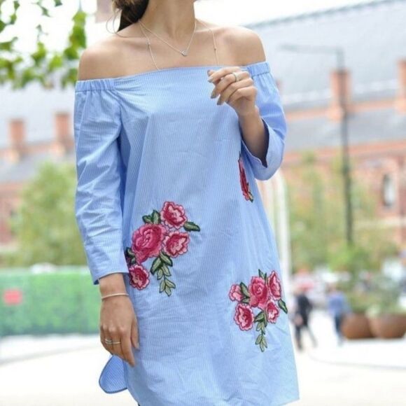 ZARA Dress Embroidered Off Shoulder Poplin Mini Dress • BLOGGER FAVORITE • - Picture 4 of 12